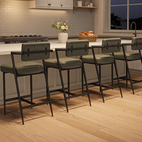 Butacos de bar GarveeHome, juego de 4 con reposabrazos, respaldo y reposapiés, asiento acolchado grueso y patas metálicas reforzadas, altura para barra, color verde retro miniatura 1