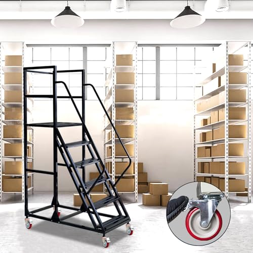 Image of 4 Step Rolling Ladder - Mobile Rolling Stairs with Wheels, Heavy Duty Industrial Safety Non-Slip Metal Rolling Ladders, 1100lbs Capacity, for Warehouse, Garage, Supermarket