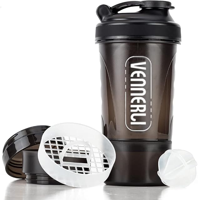VENNERLI Protein Shaker Bottle with Storage Mixing Ball 100% BPA Free Leak Proof Smoothies Nutrition Shaker Cups Strong Durable Sports Gym Diet Fitness (Black)