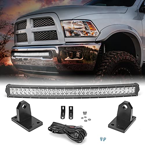 DaSen 32 inch Curved LED Light Bar & Front Hidden Bumper Tow Hooks Grille Mount Brackets Kit Compatible with Dodge RAM 2500 2010-2019, Fit RAM 3500 2010-2019