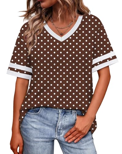 Image of WIHOLL Womens T Shirts Loose Fit Short Sleeve Tees V Neck Color Block Summer Tops 2026 Fashion S-4XL