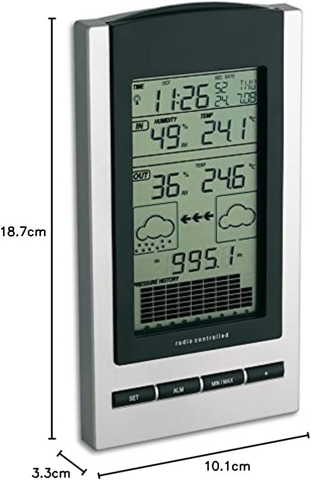 TFA Dostmann Gaia Wireless Weather Station with dimensions indicated: 18.7cm height, 10.1cm width, 3.3cm depth.