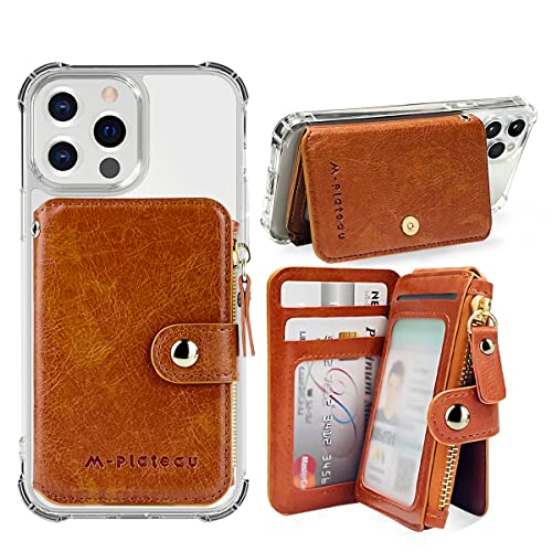 M-Plateau Phone Wallet Vegan Leather Magnetic Button Wallet For Men Have 6 Id Window Compatible with iPhone 13 Pro Max, Google Pixel, Galaxy with Adhesive Sticker (Brown)