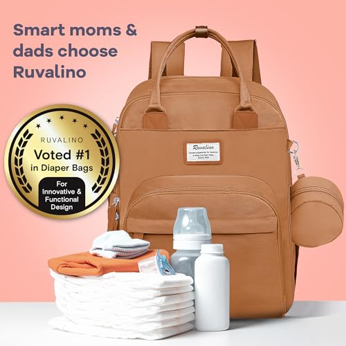 Image of RUVALINO Diaper Bag Backpack-Multifunction Baby Travel Bag with Changing pad, Insulated Bottle Holders & Pacifier Case, Large Capacity, Waterproof, Dark Brown