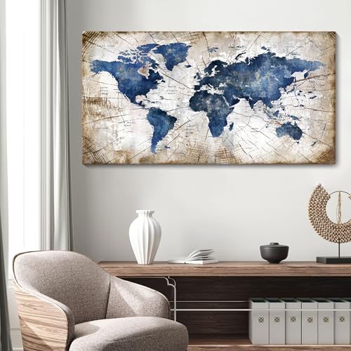 Image of World Map Canvas Wall Art Abstract Navy World Maps for Wall Vintage Modern Wall Art for Office Framed Pictures for Living Room Bedroom Wall Decoration for Home Office Decor Artwork for Walls 24x48IN