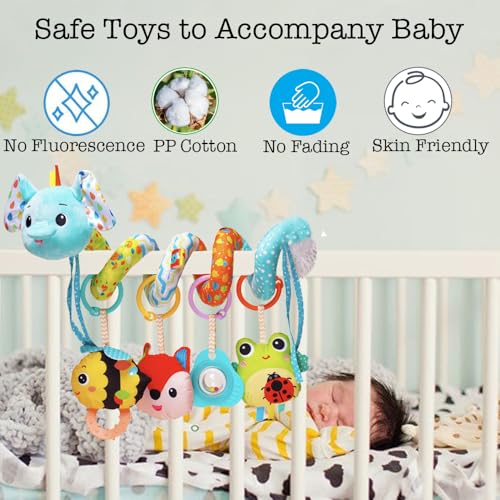 Image of Sensory Hanging Stroller Toys, Car Seat Toys for Babies Infants 0-6 Months | Activity Spiral Plush Hanging Toy Gift for Baby Boys and Girls 0 3 6 12 Months Newborn Toys with Rattles Squeaker Music -Blue