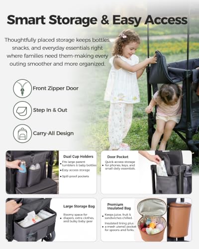 Stroller Wagon for 2 Kids, Foldable 2 Seater Wagon Stroller with Raised Seats, 5-Point Harnesses, Adjustable UPF 50  Canopy, Front Zip Door, All-Terrain Wheels, Insulated Snack Bag, Gray