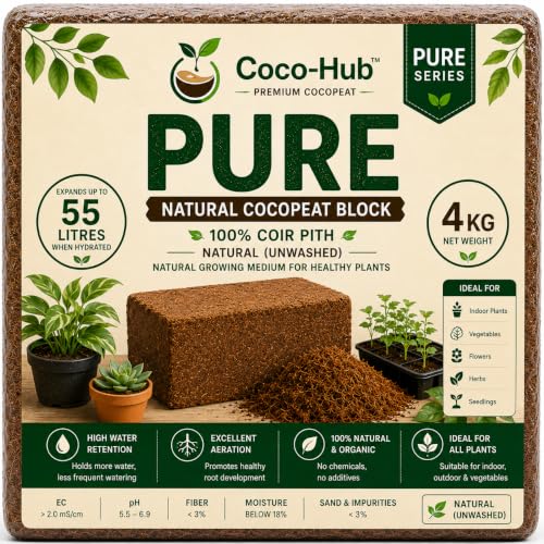 Image of Pure Series Natural Cocopeat Block 4 Kg | Coconut Coir Growing Medium | Expands Up to 55 litres | Ideal for Indoor & Outdoor Plants, Seed Starting, Potting Mix & Gardening, Pure, 4 Kg