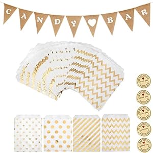 Candy bar decoratie-accessoireset, snoep bar decoratieset, slinger met 100 stuks gouden snoepzakjes + 60 stickers…