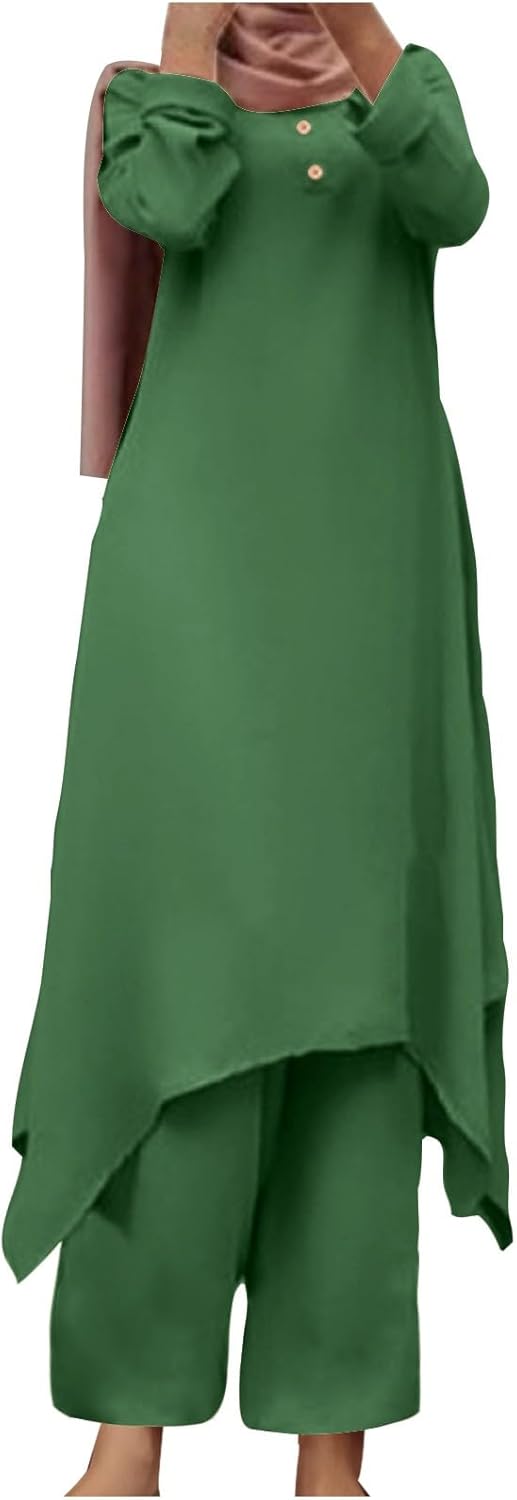 HGps8w Women's Muslim 2 Pieces Sets Dressy Long Sleeve Blouses Tunic Shirt and Pants Matching Abaya Dubai Dress Outfits