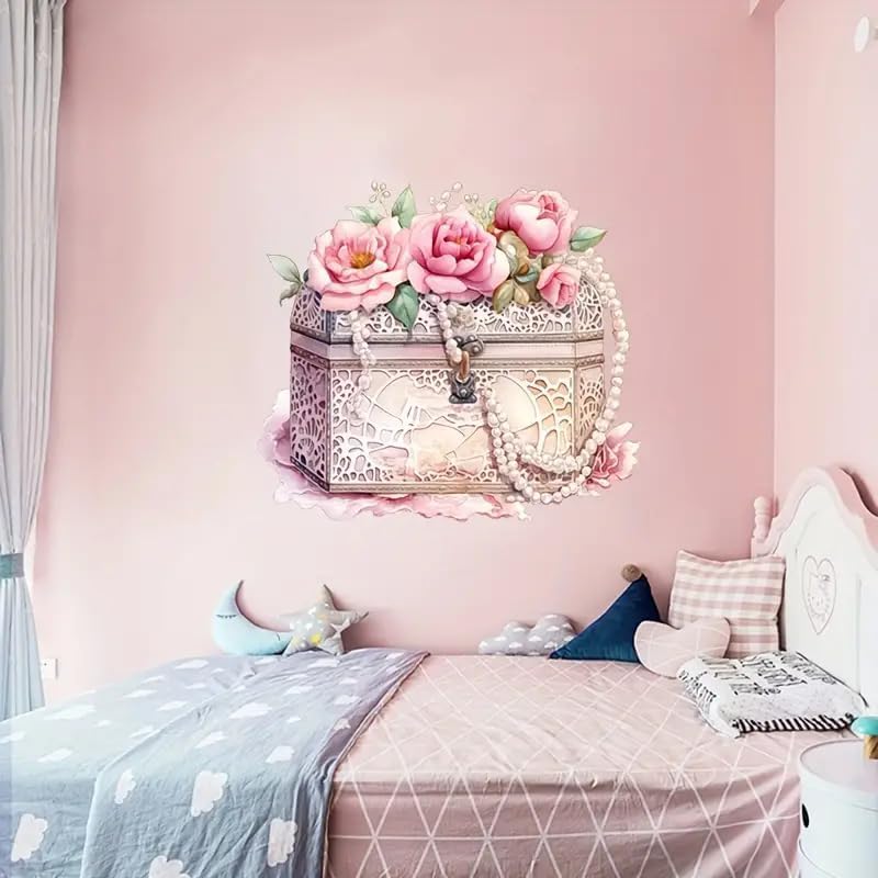 Treasure Box Rose Treasure Box Rose Series Pattern Toilet Cover Sticker Decals,Fish Bird Flower Leaf Waterproof Toilet Lid Tank Seat Decals Cistern Self-Adhesive Bathroom Wall Sticker