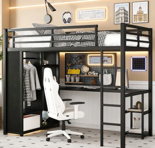 Bellemave Twin XL Loft Bed with Desk, Wardrobe, Metal Twin XL Loft Bed Frame, Black and Dark Wood Grain