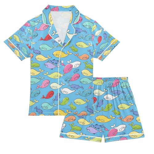 senya Color Small Whale Satin Summer Pajama Sets Silk Short Sleeve Button Down Sleepwear