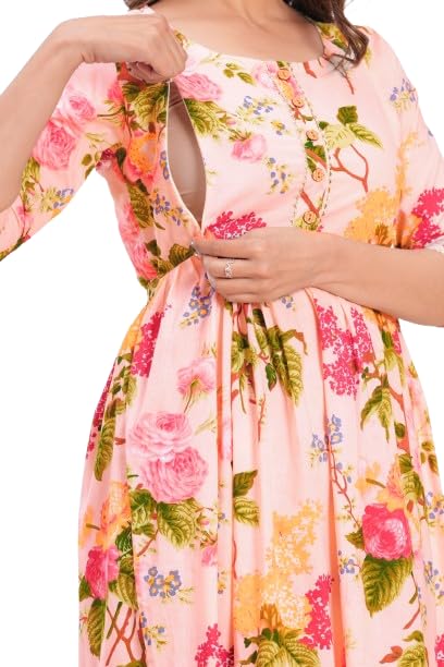 Image of Women's Feeding Kurta Cotton | Floral Anarkali Pregnancy Kurta with Nursing Zipper | Pre & Post Partum | Maternity Dresses | Mom to Be Gift