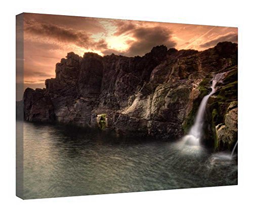 Toile cascades au coucher du soleil grand tableau nature paysage encadré bois de lit