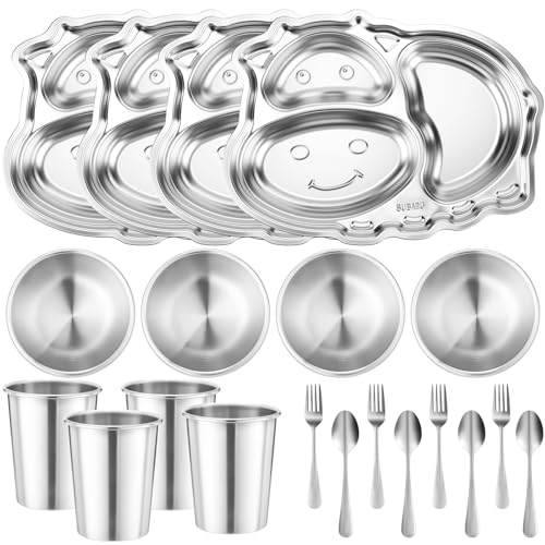 Jinei 20 Pieces Kids Stainless Steel Plates Bowls Set, Cow Shaped | Complete Set with Cups Spoons Forks, Divided Plates for Portions, Food Grade Stainless Steel Silverware for Toddler Meals