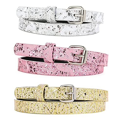 Belts For Little Girls 3 Pack Glitter Little Teen Toddler Belt Girls Fashion Pu Leather Olive Silver Rose Small #TOP2
