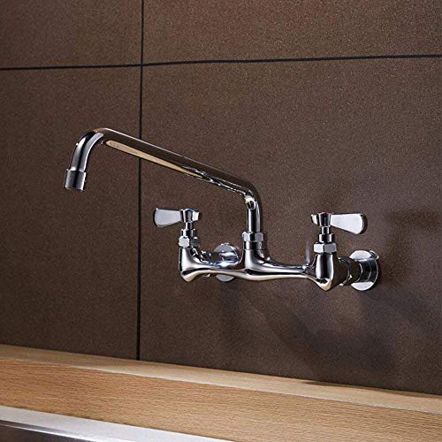 Commercial Faucet Utility Wall Mount 8 Inch Center Two Handle Kitchen Laundry Faucet Industrial Swivel Spout Brass Chrome Stainless Mixer Tap NSF No Lead by Homevacious - Thumbnail 2