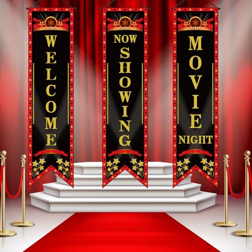 Image of Tegeme 6 Pcs Movie Night Porch Sign Banner Movie Theme Party Decorations Theater Welcome Now Showing Light Camera Action Hanging Porch Sign for Home Film Backdrop Party Supplies (Black,Classic)