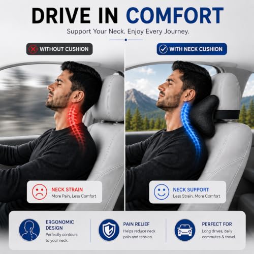 Image of Adroitz Car Neck Rest Pillow Set of 2 | Ergonomic Headrest Cushion for Car Seat | Neck & Cervical Support for Pain Relief | Breathable Washable Cover | Universal Fit for Driving & Travel