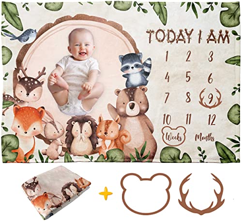 Image of Pavo Milestone Blanket for Baby Boy - Baby Growth Chart with Cute Woodland Animal Newborn Month - Premium Shower Gift for Newborns (60" x 40")
