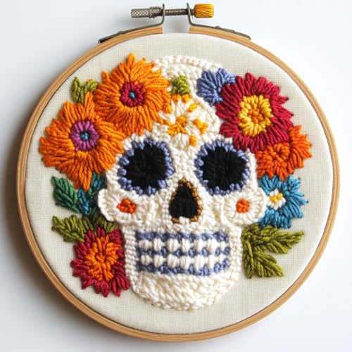 DIY Punch Needle Kits Skull Head with Flowers Easy for Beginners Punch Needle Embroidery Set with Hoop Stamped Pattern for Craft Lovers and Home Decor-1