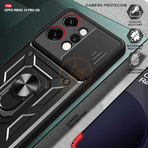 Image of Armor Bumper Back Cover Case for Oppo Reno 14 Pro 5G Rotating Camera Cover, Ring Holder & Kickstand | Heavy Duty & 360 Degree Protection Oppo Reno 14 Pro 5G Back Cover (Black)