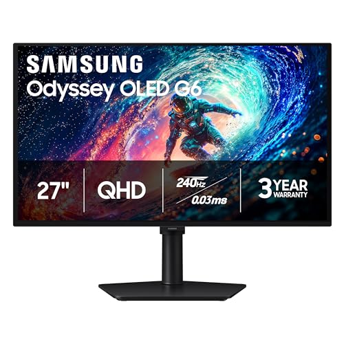 Image of Samsung 27 inch Odyssey OLED G6 (G61SH) Gaming Monitor - QD-OLED, QHD (1440P), 240Hz, 0.03ms, Glare-Free, Pantone Validated, HDR10, Height-adjustable stand, OLED Safeguard, 3 Year Warranty, LS27HG612SNXZA
