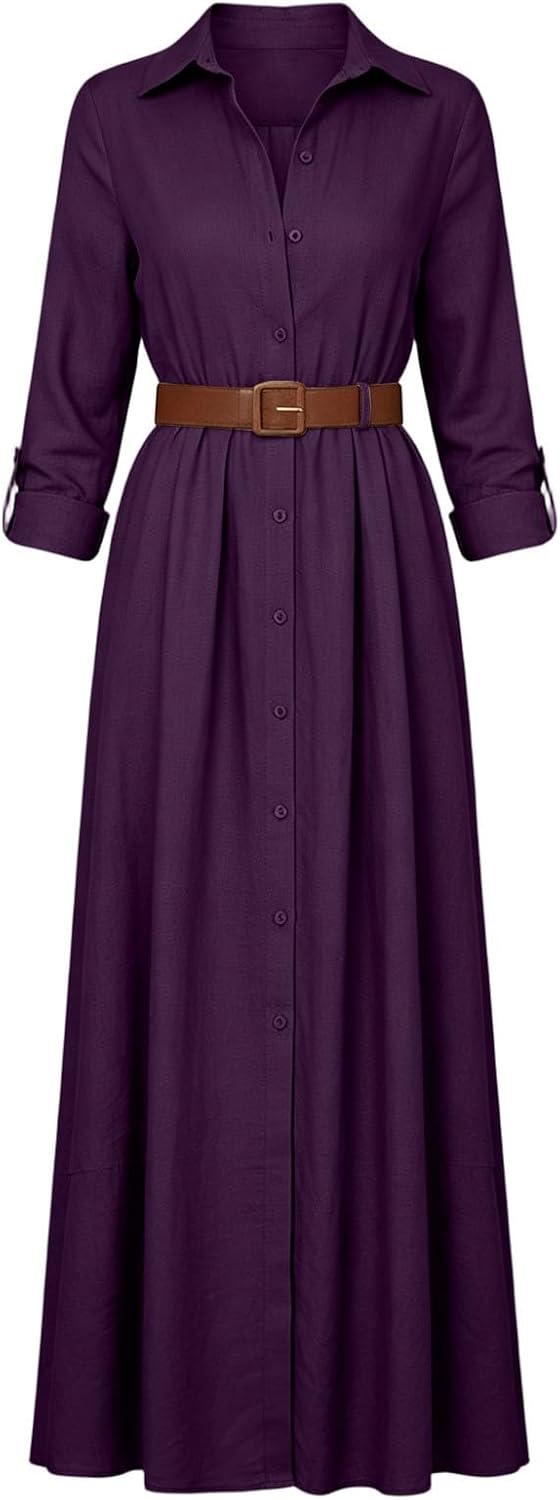 Flowy Dresses for Women Elegant Floor Length Shirt Dress with Belt