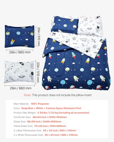 Image of VEVOR 5 Pieces Comforter Set, Twin Bedding Sets with 1 Comforter, 1 Flat Sheet, 1 Fitted Sheet, 2 Pillowcases, Soft Microfiber & Space Printed, Bedding Comforter Sets