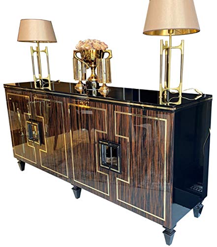 Casa Padrino aparador Art Decó marrón Oscuro/Negro/Oro 220 x 55 x A. 104 cm - Armario Noble con 4 Puertas y Tapa de Vidrio - Muebles de Salón Art Deco