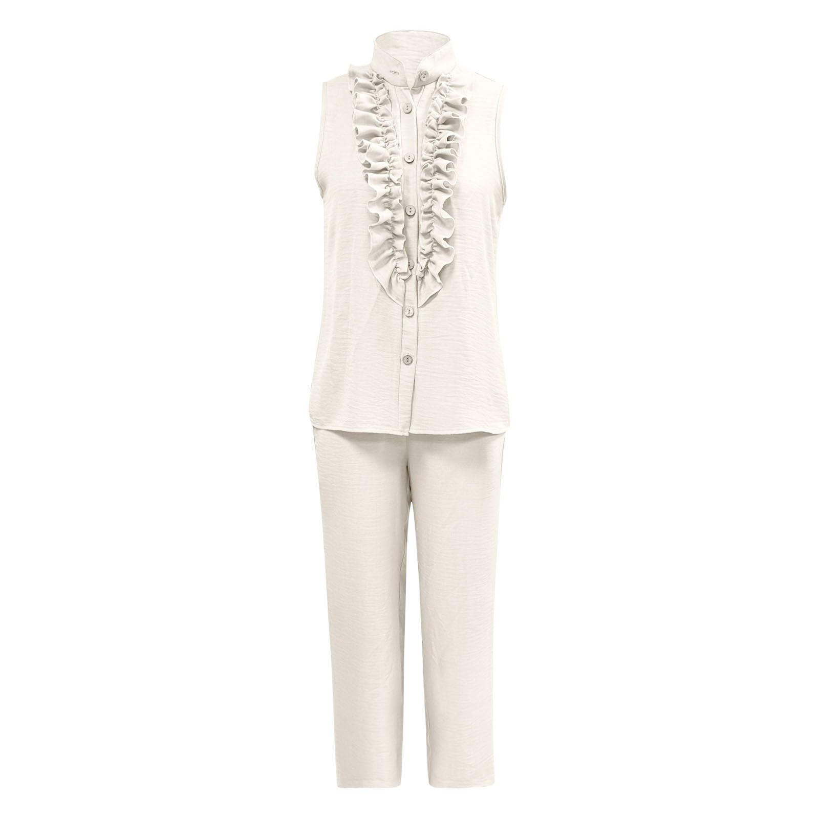 Generisch Ensemble 2 pièces pour femme - Mélange de lin et de coton - Pantalon large - Chemisier sans manches - Tenue décontractée - Tenue d'été - Loungewear - Tenue d'intérieur - Survêtement de