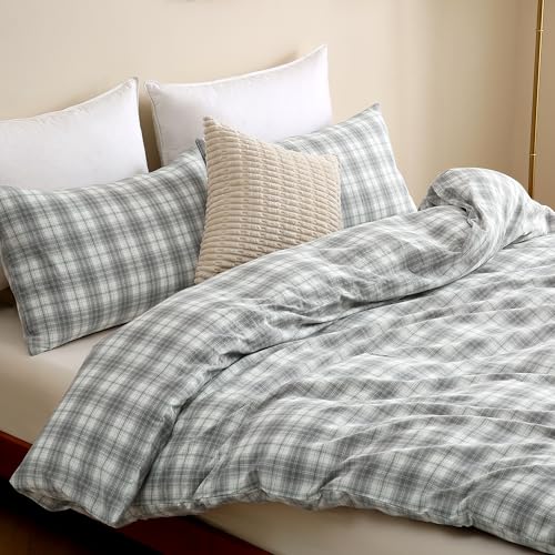 Image of TOCOMOA Plaid Duvet Cover Set 100% Washed Cotton Like Linen Feel Super Soft Comfy 3 Piece Grey and Green Gingham Checkered Bedding Comforter Cover Set (King 104 inchx90 inch, Comforter Not Included)