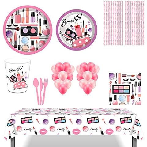 SPA Makeup Party Supplies, 85 Pcs Spa Makeup Disposable Tableware with SPA Makeup Plates Cups Straws Napkins Balloons for Birthday Girls Party Spa Party Decorations Cover