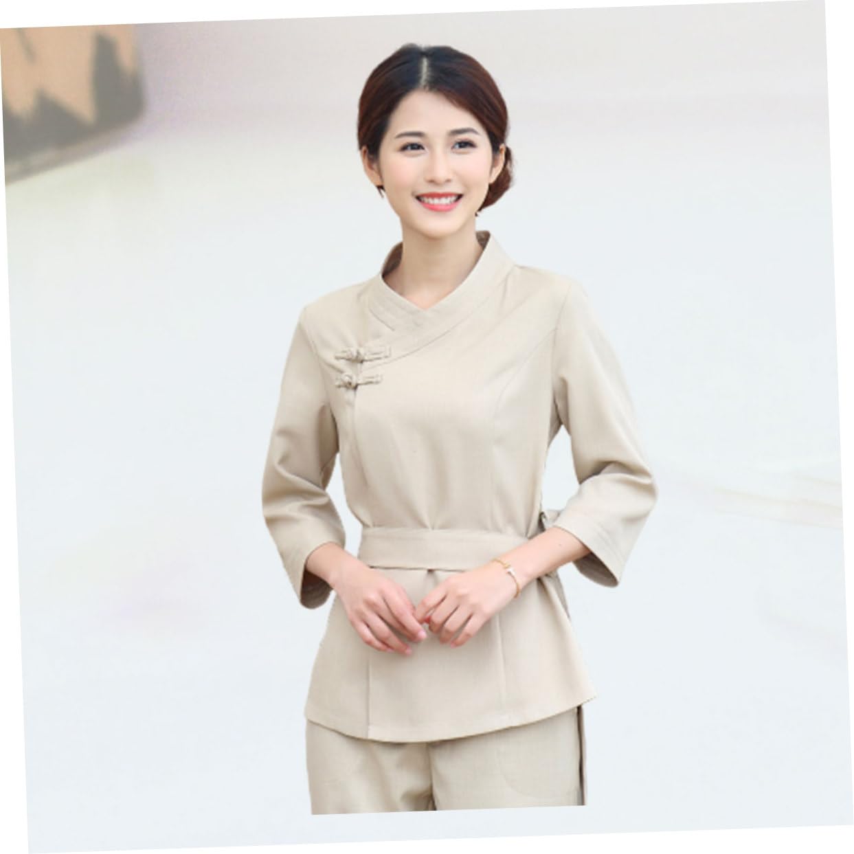 UKCOCO Mono Técnico Belleza y Uniforme Salón SPA Beige, Algodón Duradero, Diseño Ajustable, para Esteticista Mujer En SPA y Salón, Talla XXXL, Set 2 Piezas, Ropa De Trabajo Funcional