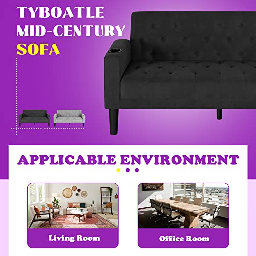 Tyboatle 62" W Loveseat Sofa W/ 2 Usb Charger Ports And 2 Cupholders, Mid-Century Modern Tufted Linen Fabric Small Love Seat Couches For Compact Living Room, Bedroom, Apartment, Dorm (Dark Grey) #TOP5