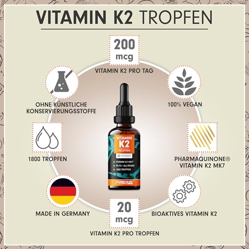 Vitamin K2 Tropfen hochdosiert 1800x (50ml) - 200 µg Vitamin K2 MK7, Pharmaquinone® Premium Vit. K2 hochdosiert mit 99,7+% all-trans-Gehalt - laborgeprüft mit Zertifikat - 100% vegan