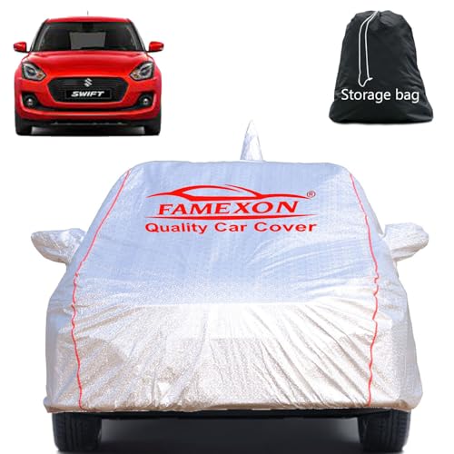 Image of Full Body Car Cover for Maruti Suzuki Swift with Mirror and Antena Pocket Triple Stiched(Silver with Red Piping)