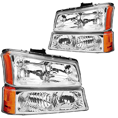 SOCKIR Headlight Assembly Compatible with 2003-2006 Chevy Avalanche / Silverado 1500 2500 HD 3500, 2007 Silverado Classic w/ Bumper Lights 4pcs (Chrome Housing with Amber Reflector)