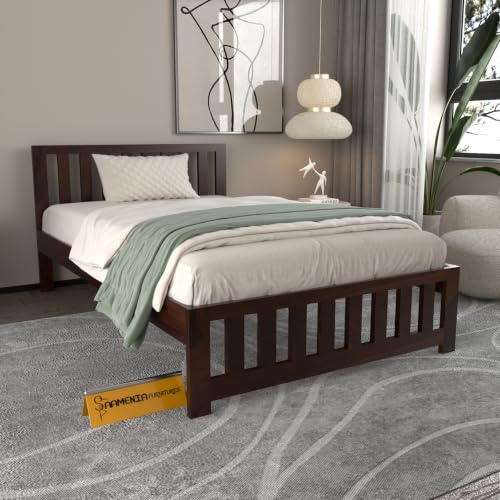 Image of Solid Sheesham Wood Single Size Bed Without Storage | Contemporary Wooden Single Cot with Slatted Headboard & Footboard | Strong Wooden Divan Bed for Bedroom (Walnut Finish)