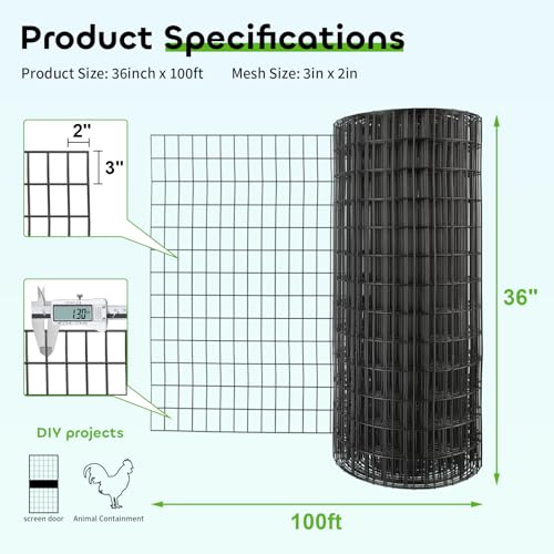 Image of Welded Wire Fencing 36 Inch x 100 Foot, 2 Inch x 3 Inch 16GA Black Hardware Cloth PVC Coated Garden Border Fencing Roll Vinyl Coating Metal Wire Mesh for Yard Vegetable Goat Protection Poultry Netting