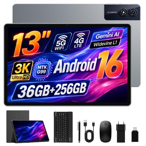Tablet 13 Pulgadas, Android 16, 4G Dual SIM+5G WiFi, 36GB+256GB/1TB, Gaming Tablets, Helio G99 Octa Core, Widevine L1/Gemini AI/11580mAh/13MP/GPS/OTG/4 Altavoces, Tablet con Teclado/Raton/Funda/Pen