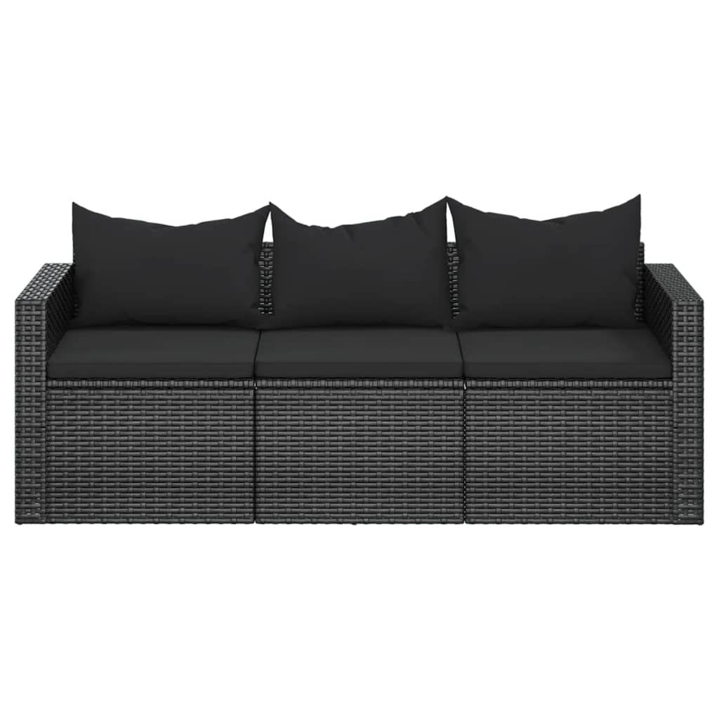 Divano da Giardino a 3 Posti con Cuscini Nero in Polyrattan, Set Giardino Esterno, Set Mobili da Giardino, Salotto da Giardino Esterno in Rattan Per Esterno Piscina Balcone