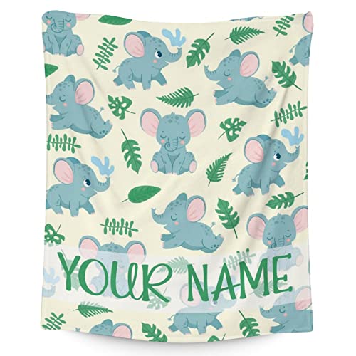 Personalized Elephant Blanket Gifts with Name - 40"x50" Cute Throw for Women Girls - Green Soft Fuzzy Blankets for Bed, Couch & Living Room