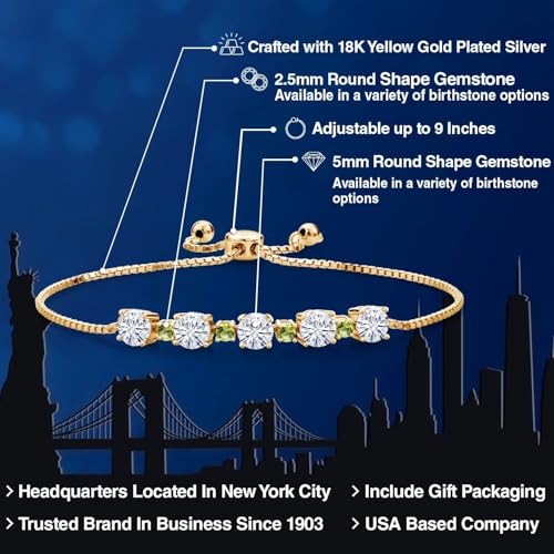 Gemstone Birthstone and Peridot Tennis Bracelet for Women in 18K Yellow Gold Plated Silver | Round 5MM and 2.5MM | Adjustable Bolo Design | Easy-On Easy-Off | Fully Adjustable Up to 9 Inch2