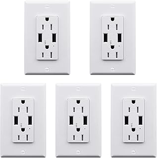 GREENCYCLE 3.6A Dual USB Type-A Wall Outlet Receptacle, Tamper Resistant 15A Electrical Socket with LED Indicator, UL Listed Power Charger with Panel Plate, 5 PK