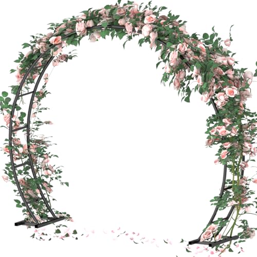 Queension Metal Wedding Arch | for Ceremony Party Decoration 8Ft Wide 7Ft High,Garden Arch Trellis with Ground Bases for Climbing Plants,Outdoor Garden Arbor for Roses Vines, Round Frame, Black