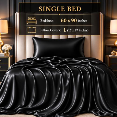 Image of SOFT SOULS Satin Bedsheet with Pillow Covers for Couples, Valentine's Day, Girlfriend, Boyfriend, Husband, Wife, or a Romantic Wedding First Night (Black, Single)