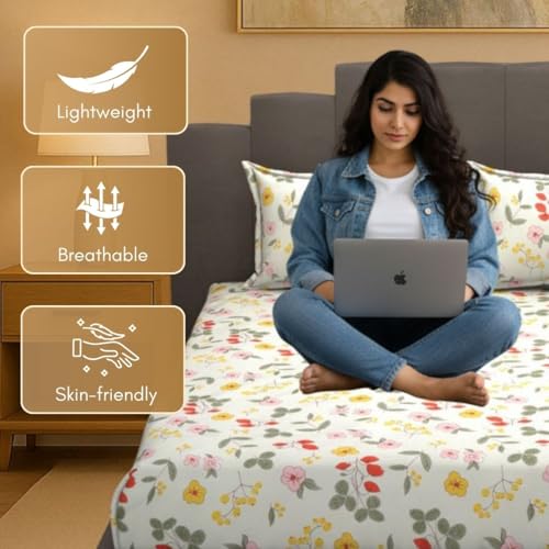 Image of Mafatlal Luxe Lilac 140 GSM Soft Microfiber Double Bedsheet with 2 Pillow Cover for Queen Size Bed, 90x100 Inch - Off White, Lightweight, Cozy & Durable