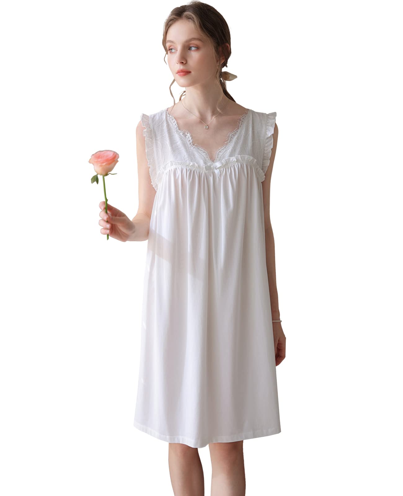 Nanxson Chemise de Nuit en Coton Tricoté pour Femme Robe de Nuit sans Manches Col en V Dentelle Vêtements de Nuit
